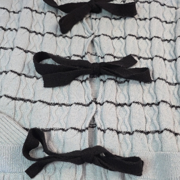 Striped Tie Front Cardigan Sweaters Crew Neck Long Sleeve Cable Knit Bow Knot - Picture 4 of 6